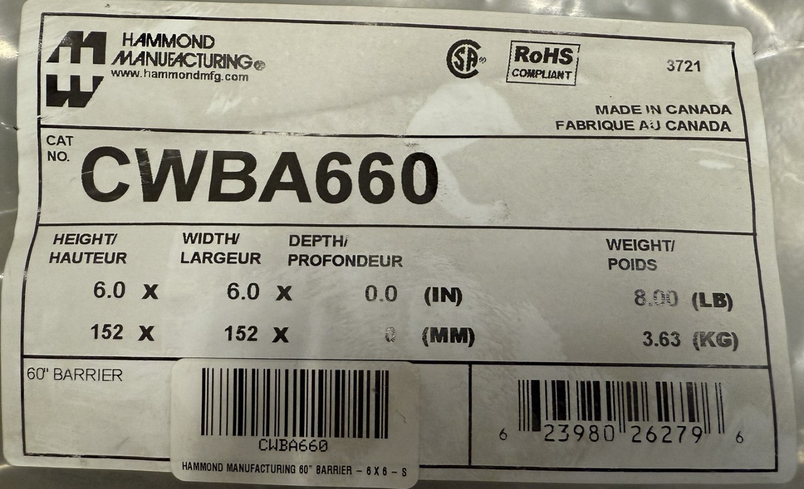Hammond CWBA660 Gray Lay-In Wireway Barrier 6 x 6 x 60"1