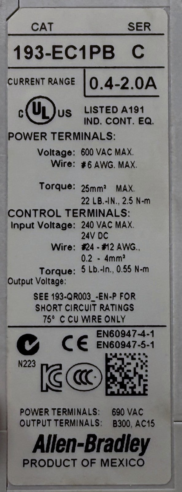 Allen-Bradley 193-EC1PB E3 Overload Relay 0.4-2A5