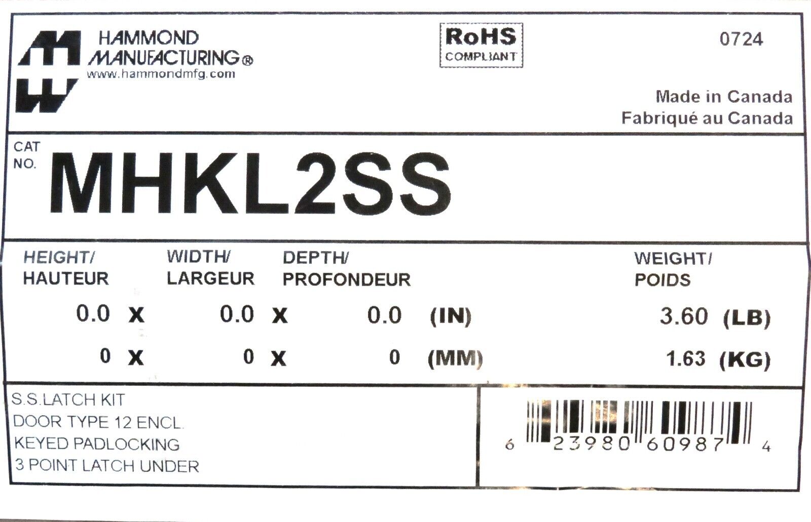 Hammond Manufacturing MHKL2SS Stainless Steel Latch Kit for Type 12 Enclosure