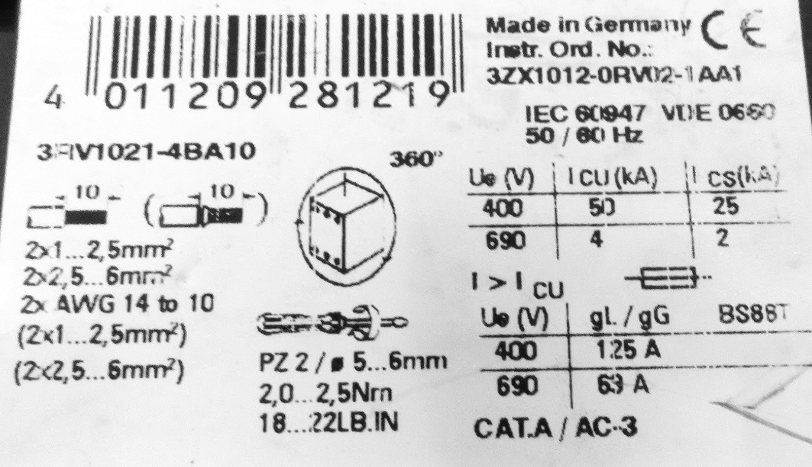 Siemens 3RV1021-4BA10 Circuit Breaker, 14-20A, 3P, 690V, SIRIUS Series3