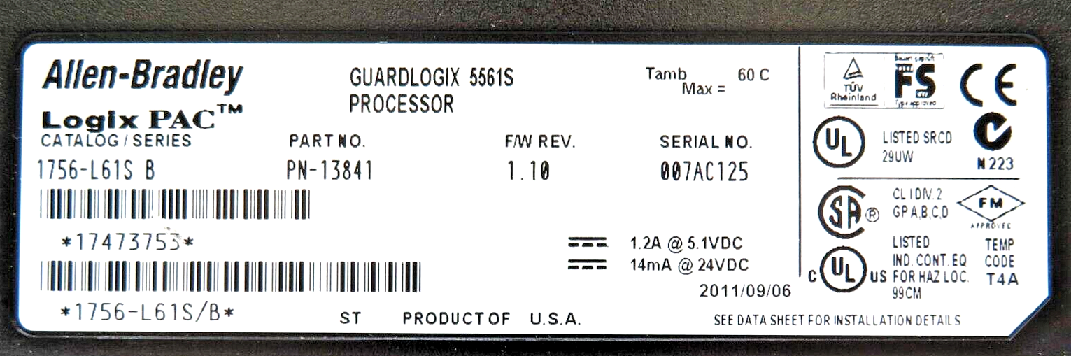 Allen-Bradley GuardLogix 1756-L61S PLC Safety Controller