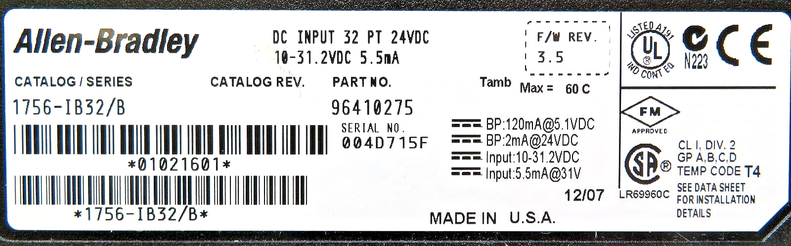 Allen-Bradley 1756-IB32 32-Point 12/24V DC Digital Input Module