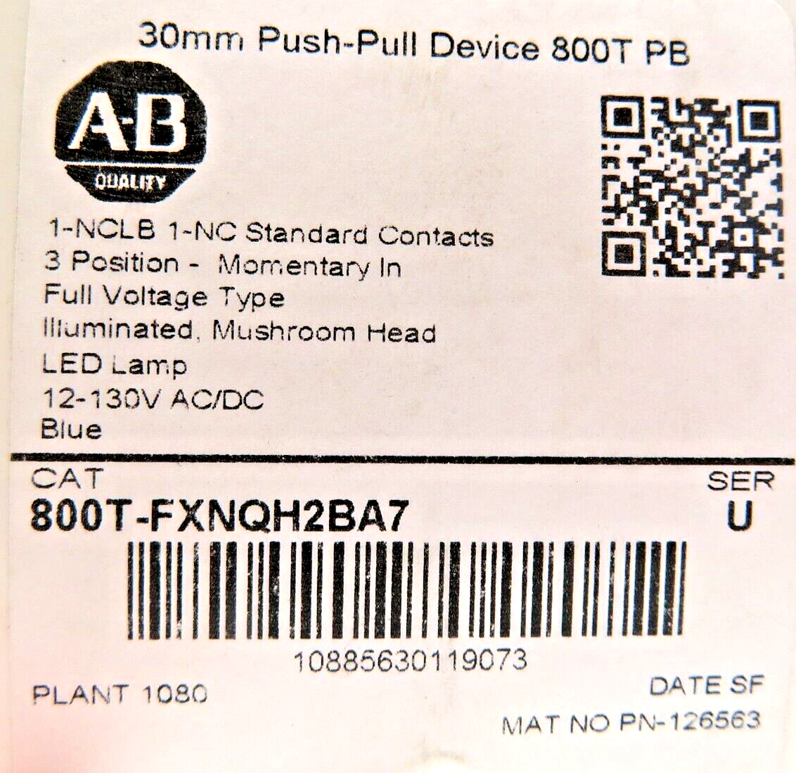 Allen-Bradley 800T-FXNQH2BA7 30mm Push-Pull Mushroom Cap Illum. Blue LED Device