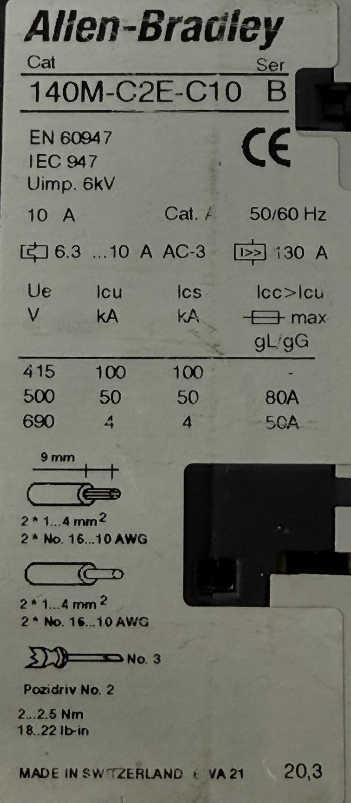 Allen-Bradley 140M-C2E-C10 Motor Protection Circuit Breaker 6.3–10A2