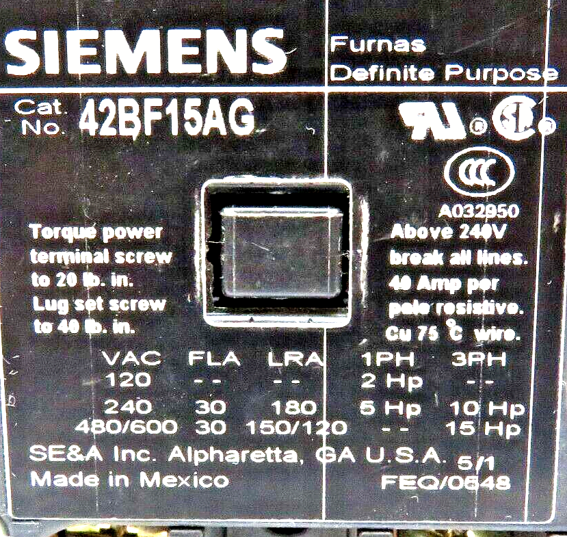 Siemens 42BF15AG Definite Purpose Contactor, 2-Pole, 30A, 208-240V AC Coil