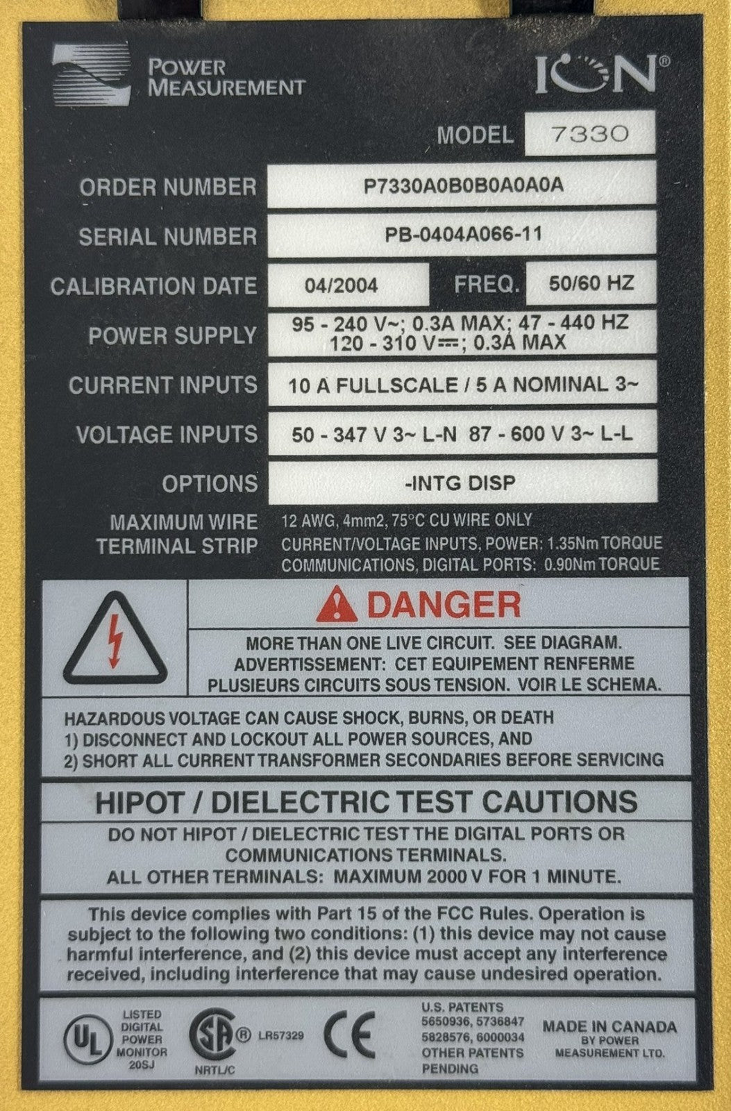 Power Measurement P7330A0B0B0A0A0A ION 7330 Power Energy Meter 600V 5A5