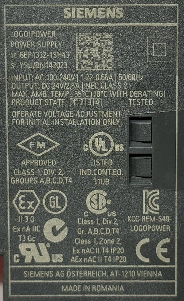 Siemens 6EP1332-1SH43 LOGO! 24VDC 2.5A 60W DIN Rail Power Supply5