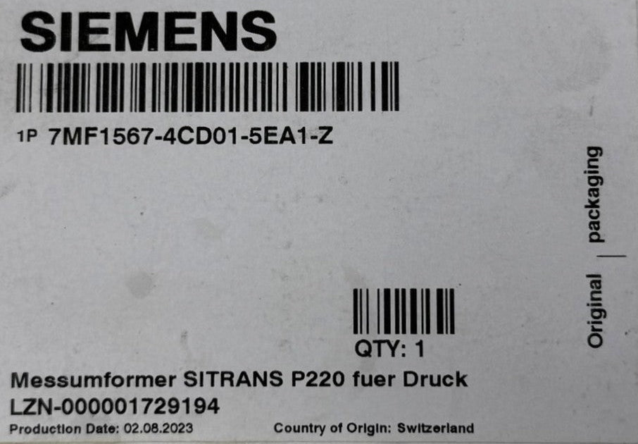 Siemens 7MF1567-4CD01-5EA1 E21 SITRANS P220 0-300 PSI Pressure Transmitter5
