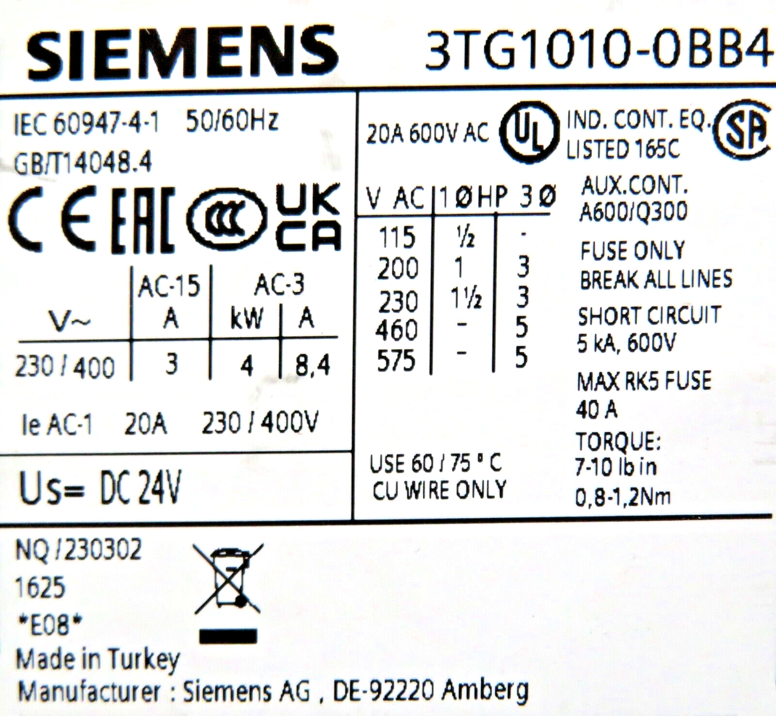 Siemens 3TG1010-0BB4 8.4A 24VDC 3-Pole Power Relay