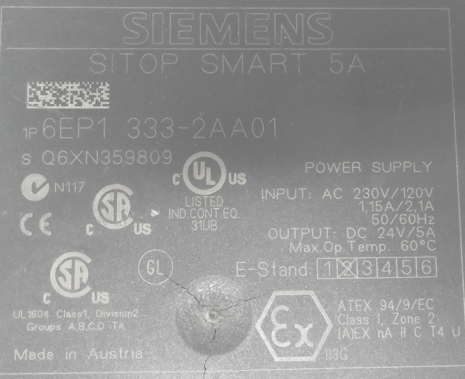 Siemens SITOP Smart 6EP13332AA01 24VDC 5A Power Supply 120W 120/230V3