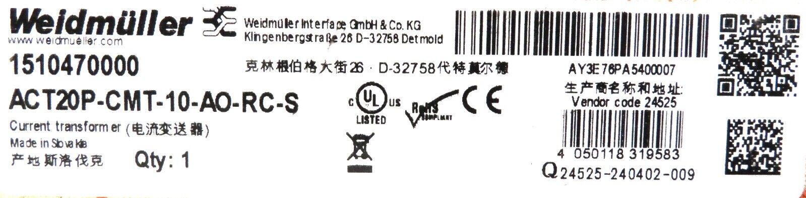 Weidmüller ACT20P-CMT-10-AO-RC-S Current Transformer 1510470000  Broken DIN Clip