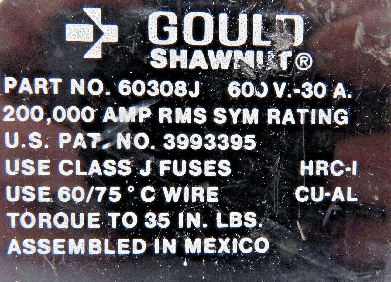 Mersen Gould Shawmut 60308J 3-Pole 30A 600V Class J Fuse Holder