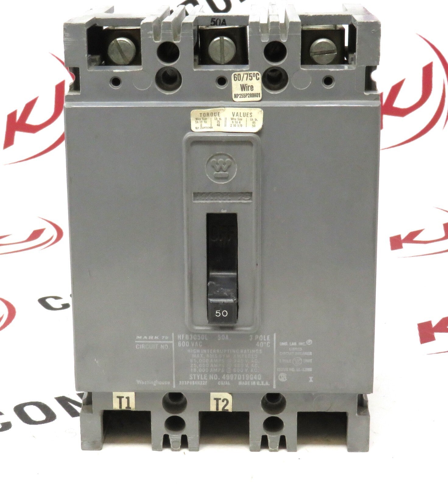 Eaton Westinghouse HFB3050L 3 Pole 50A 600V Circuit Breaker w/Lugs0