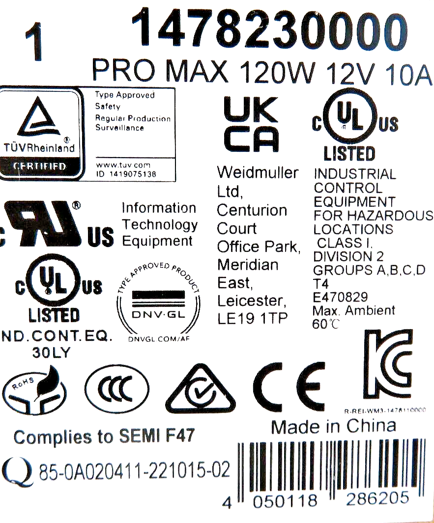 Weidmüller 1478230000 PRO MAX 120W 12V 10A DIN Rail Power Supply2