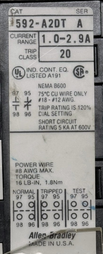 Allen-Bradley 592-A2DT SMP-1 Overload Relay 1-2.9A5