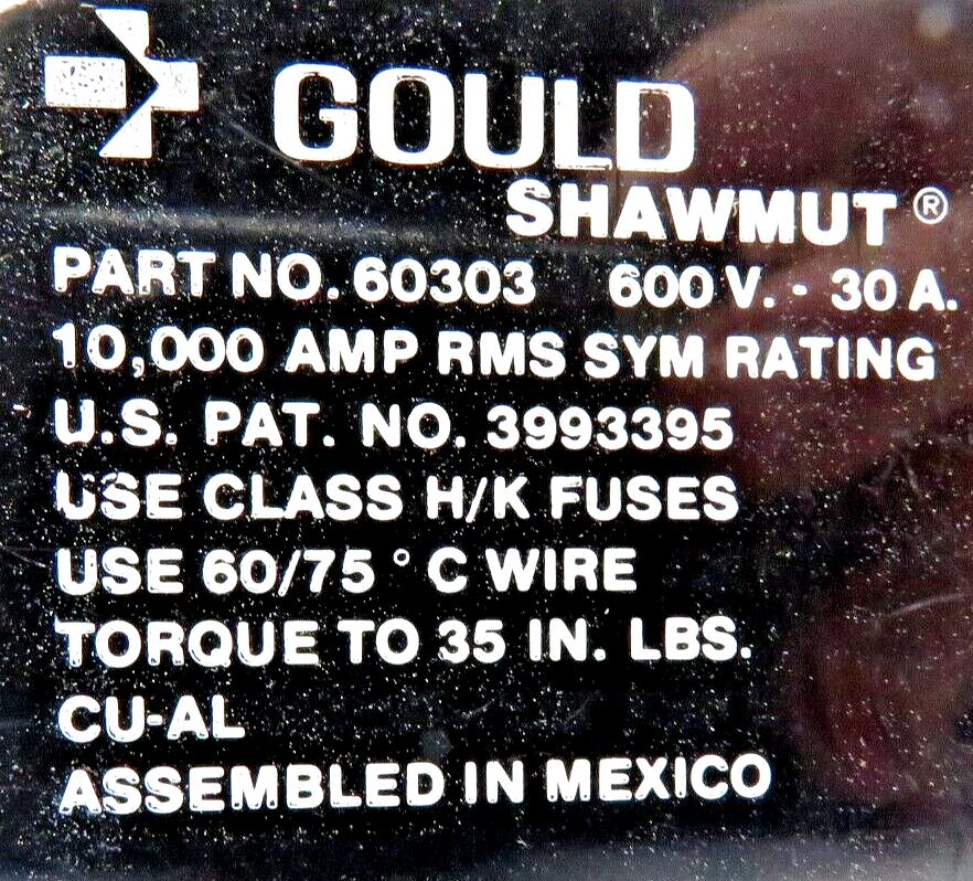 Mersen Gould Shawmut 60303 3-Pole Fuse Block 30A 600V Class H/K Fuse Compatible