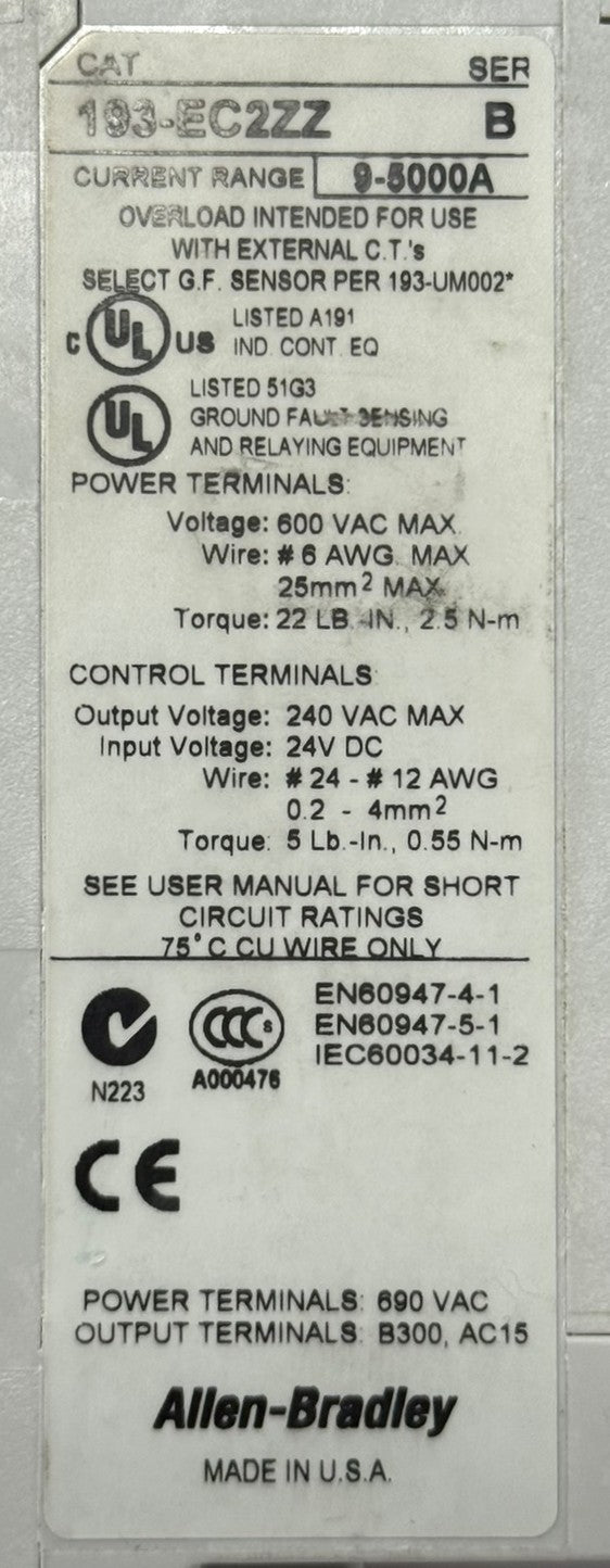 Allen-Bradley 193-EC2ZZ E3 Plus Overload Relay 9-5000A5