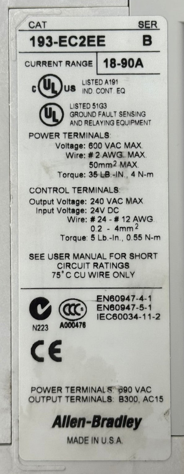Allen-Bradley 193-EC2EE E3 Plus 18-90A Electronic Overload Relay w/ 193-ECPM36
