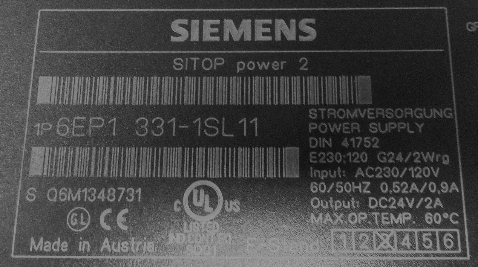 Siemens 6EP1331-1SL11 SITOP Power 2 Power Supply 24VDC 2A 120/230VAC S7-3003