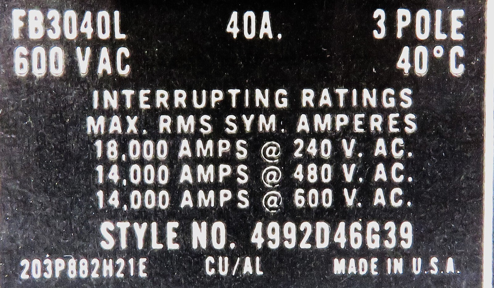 Eaton Westinghouse FB3040L 40A 3-Pole 600V FB Series Circuit Breaker3