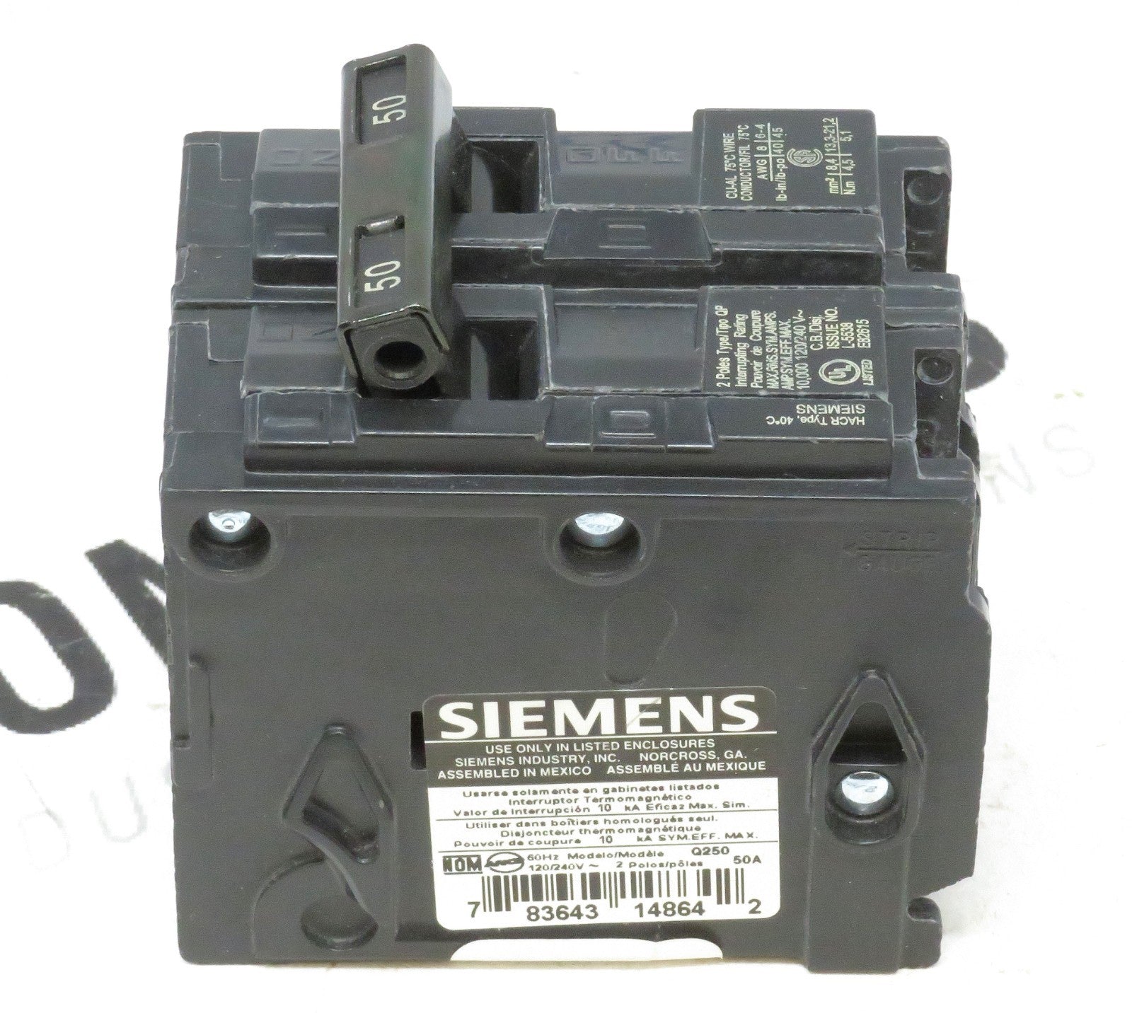 Siemens Q250 2-Pole 50A 120/240V QP Type Plug-In Circuit Breaker 10kA2