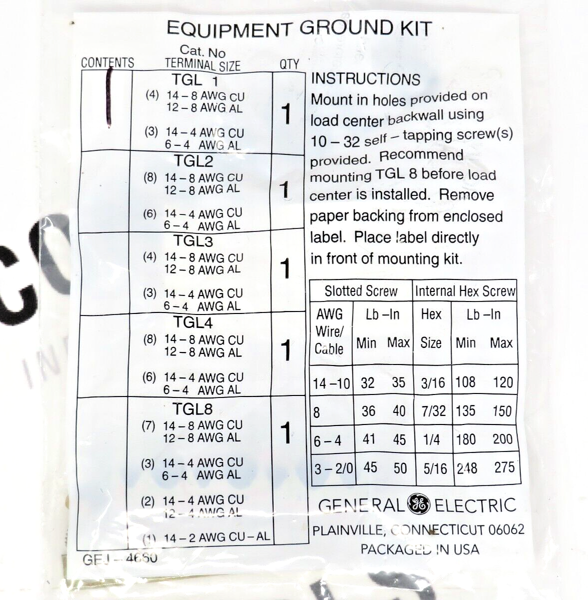 GE PowerMark Plus TGL1 Equipment Ground Kit, 7 Terminals, Al/Cu Conductor