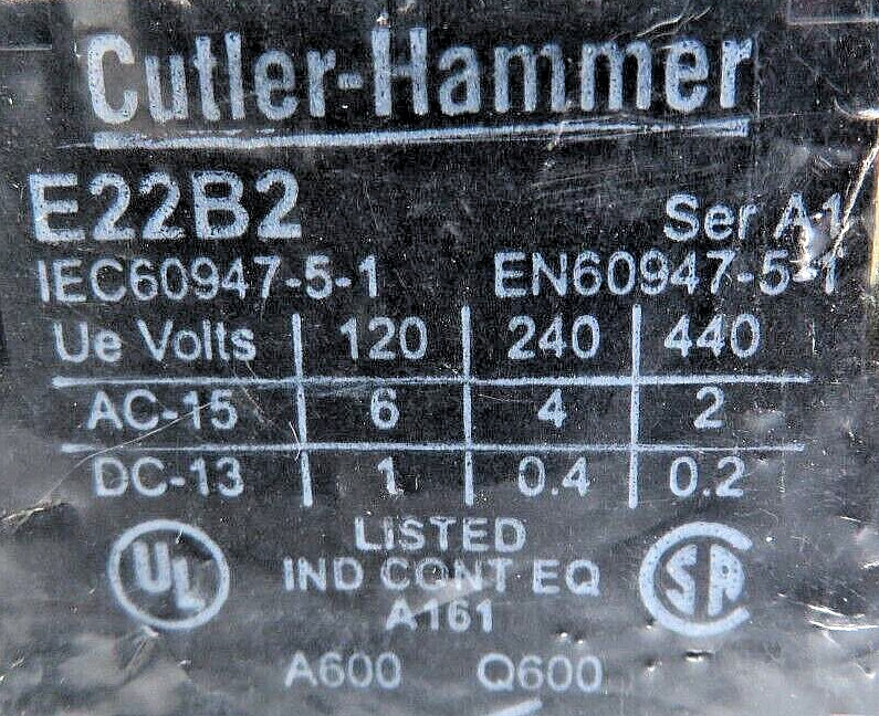 Eaton Cutler-Hammer E22B2 Contact Block 10A 1-NO 22.5 MM Non-Metallic Heavy-Duty