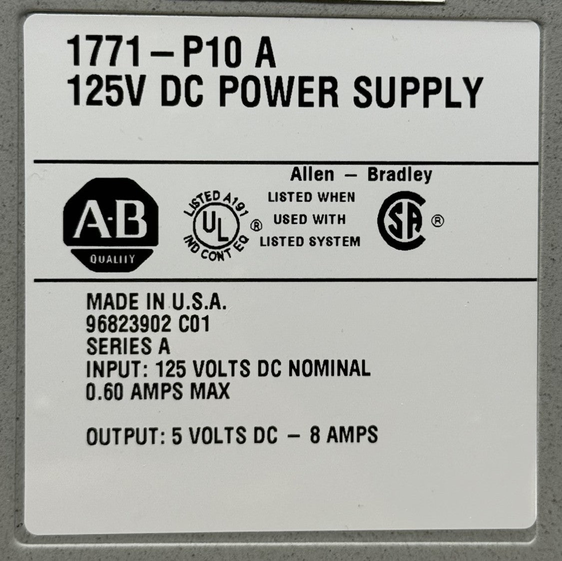 Allen-Bradley 1771-P10 Bulletin 1771 PLC Power Supply Module 125VDC 5VDC 8A5