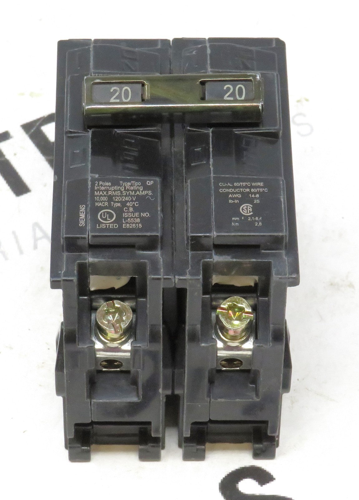 Siemens Q220 Circuit Breaker 20A 2-Pole 120/240V Type QP 10kAIC3
