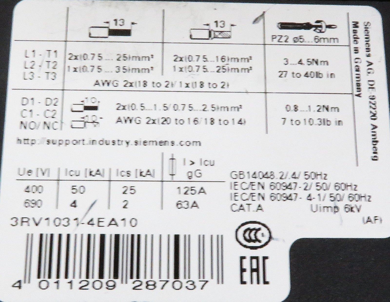 Siemens 3RV1031-4EA10 Motor Protection Circuit Breaker 22–32A S2 3-Pole3