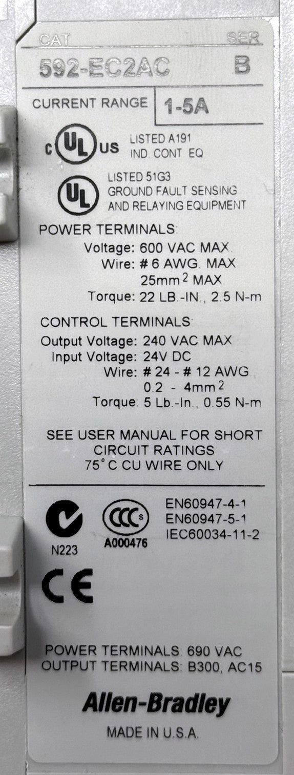 Allen-Bradley 592-EC2AC E3 Plus Overload Relay 1-5A5