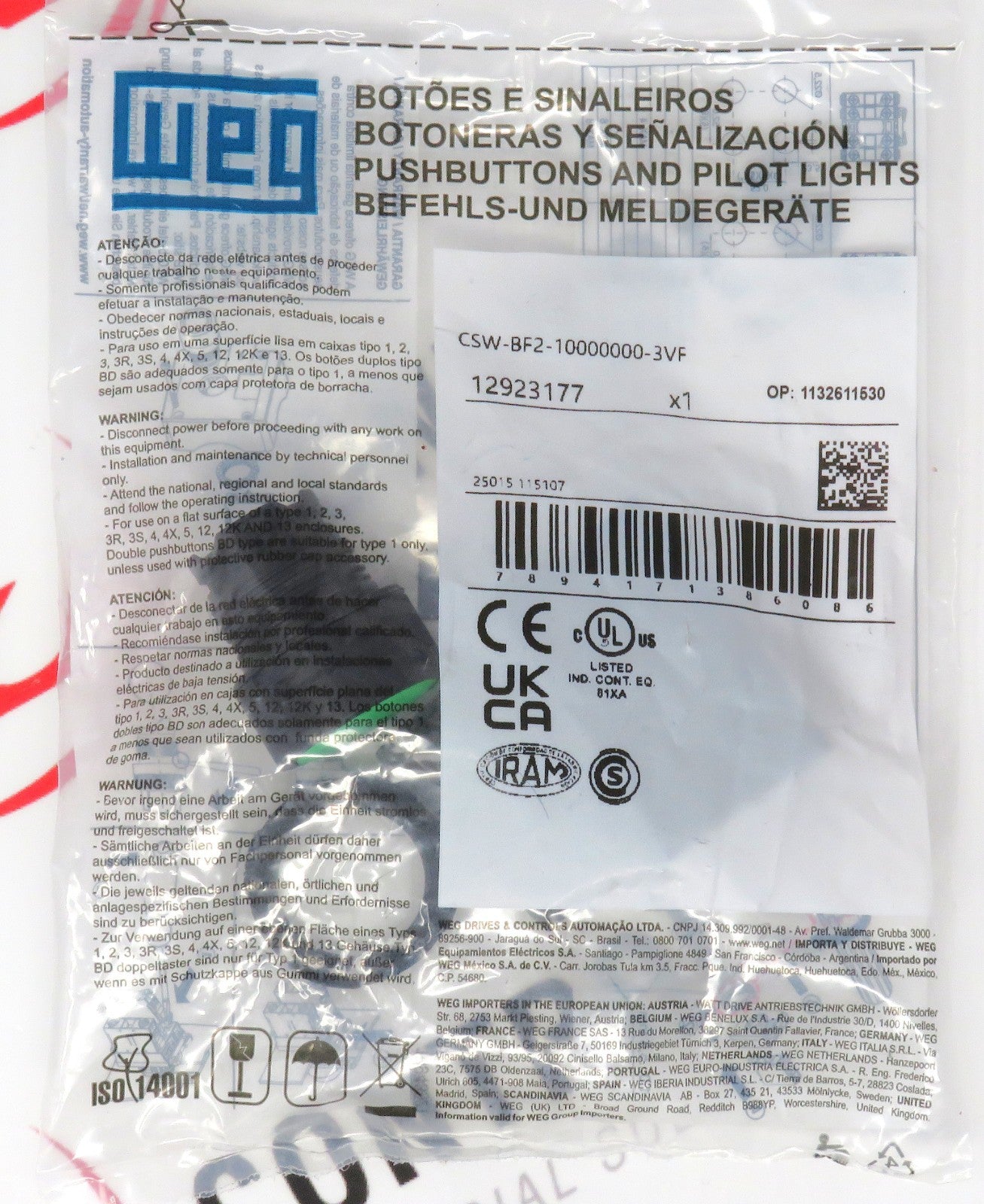 WEG CSW-BF2-10000000-3VF Green 22mm Flush Momentary Pushbutton NO Contact0
