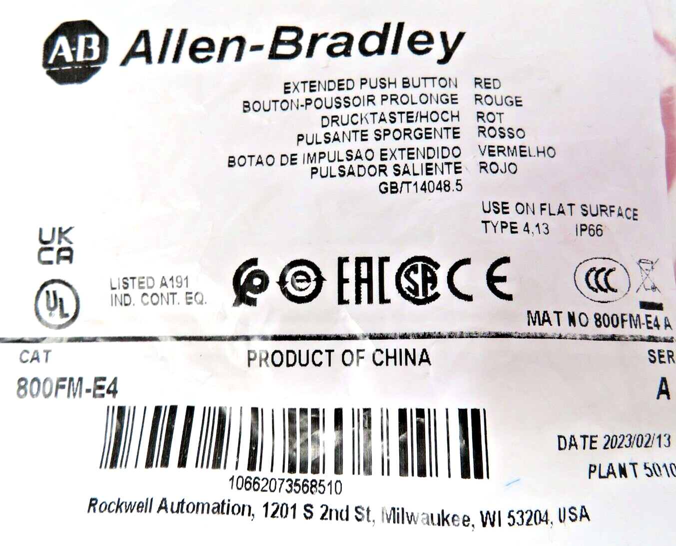 Allen-Bradley 800FM-E4 22mm Momentary Extended Push Button Red Cap