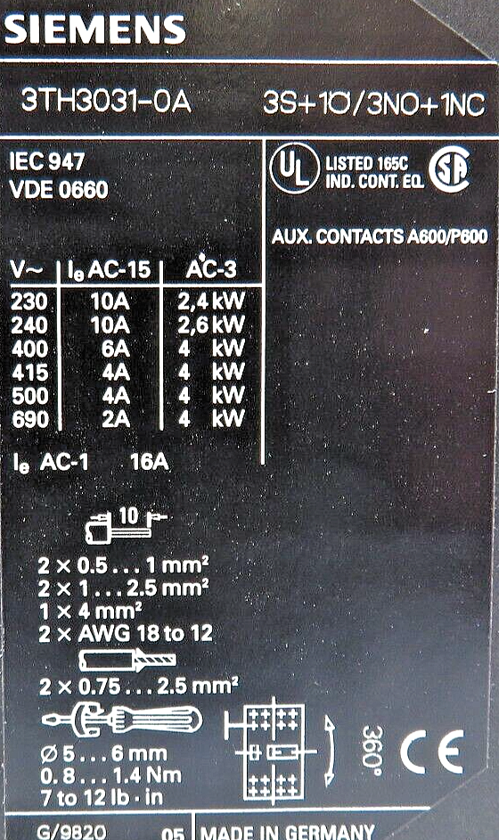 Siemens 3TH3031-0AK6 4-Pole 3NO/1NC 110/120V 50/60HZ Control Relay