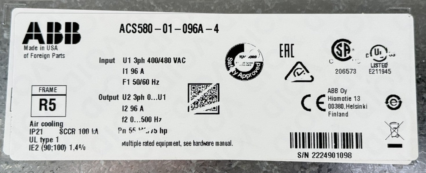 ABB ACS580-01-096A-4 480V 75HP Variable Frequency Drive5