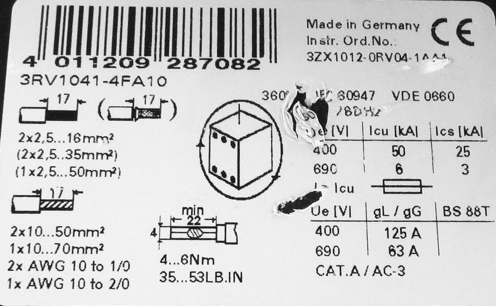 Siemens 3RV1041-4FA10 Circuit Breaker S3 28-40A Manual Motor Starter3