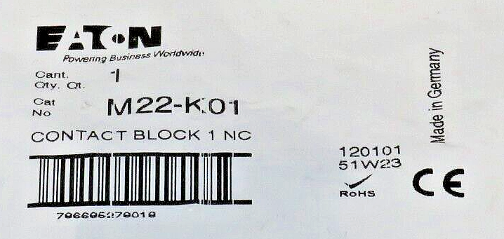 Eaton M22-K01 Contact Block, 22mm, 1NC, Screw Terminals