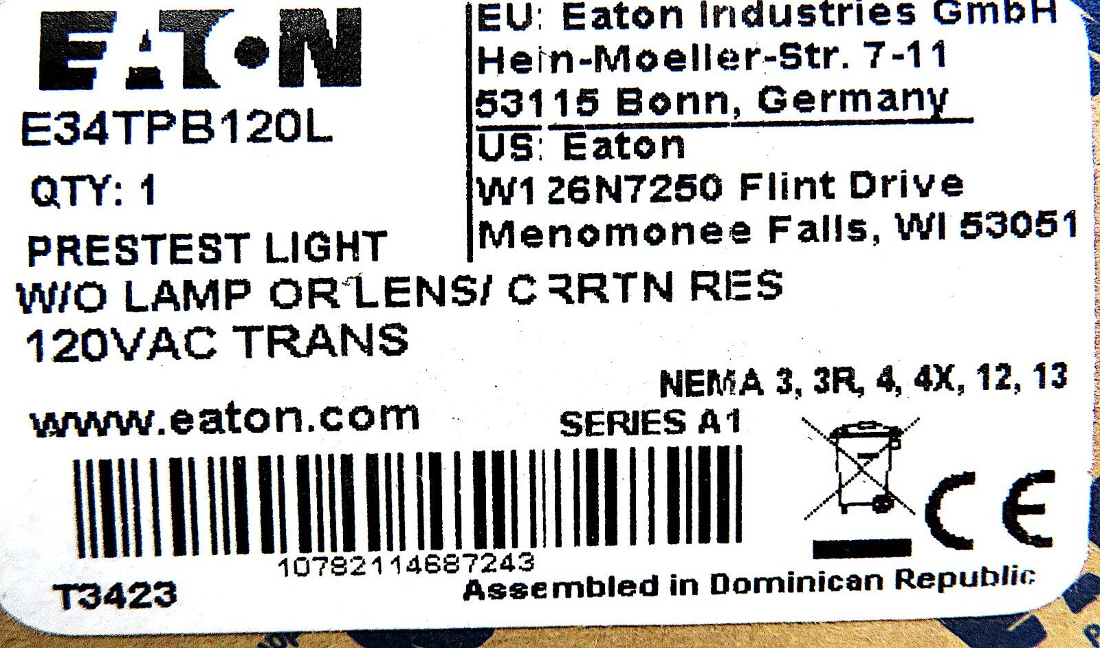 Eaton E34TPB120L Pushbutton Pretest Light, 120V AC Transformer Without Lamp/Lens