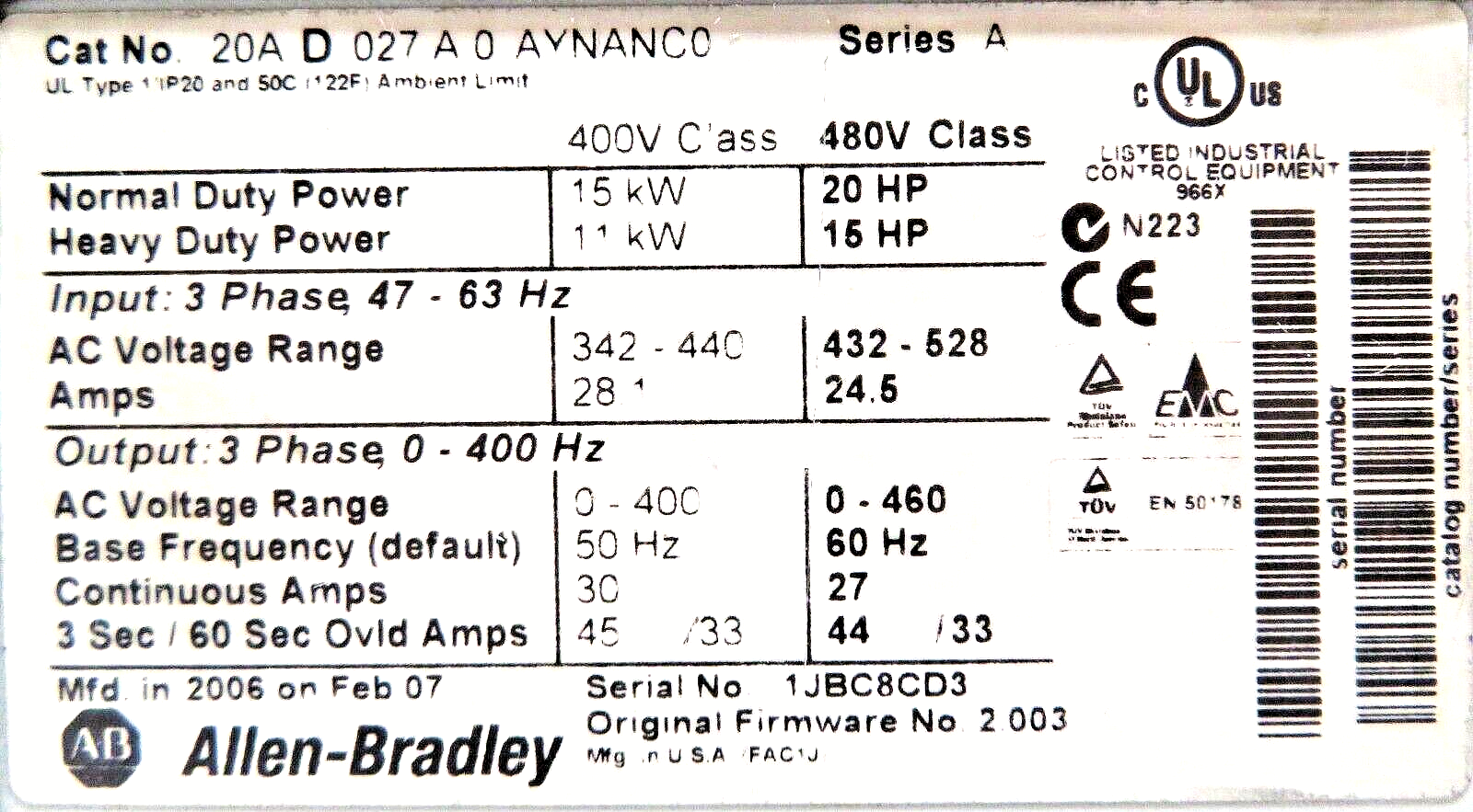 Allen-Bradley 20AD027A0AYNANC0 Powerflex 70 480VAC 27A 20HP AC Drive