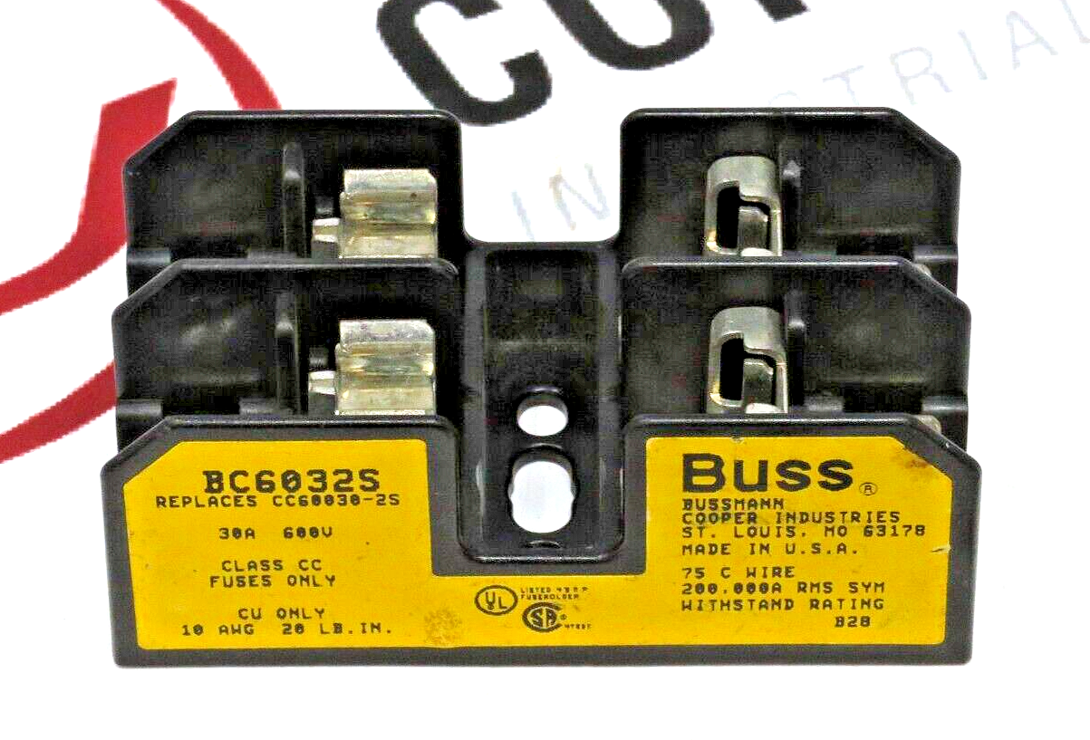 Eaton Bussmann BC6032S Fuse Block, 600V, 30A, 2-Pole, Class CC, Screw Terminals