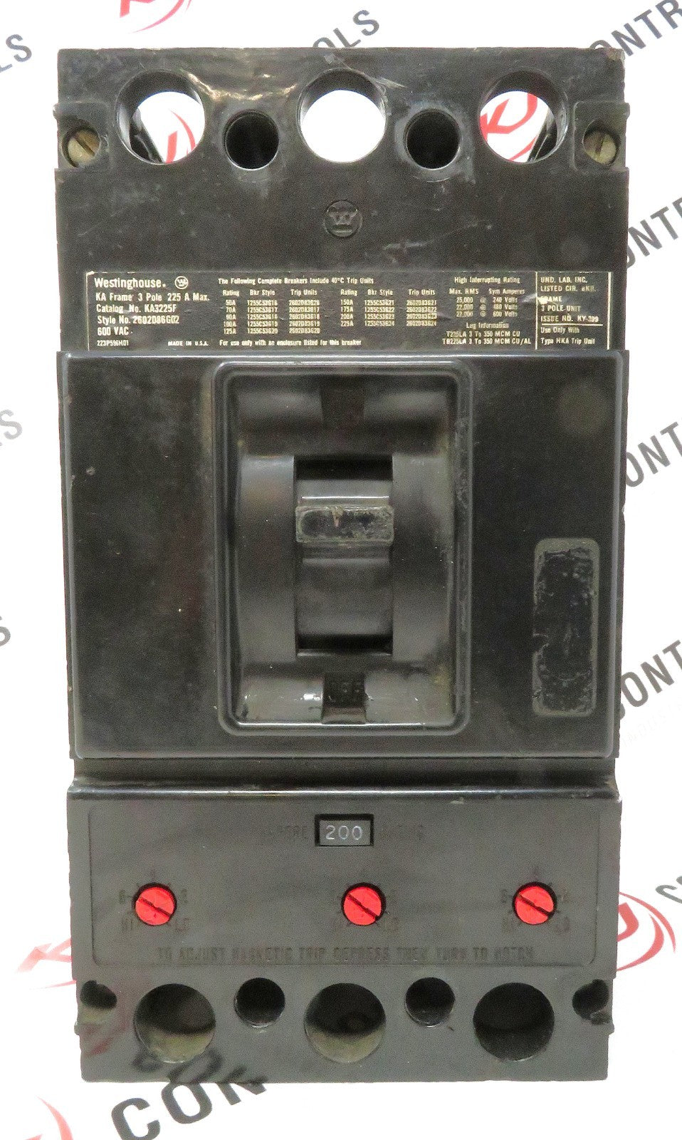 Eaton Westinghouse KA3225F 2602D86G02 3P 200A 600V KA Frame Circuit Breaker0