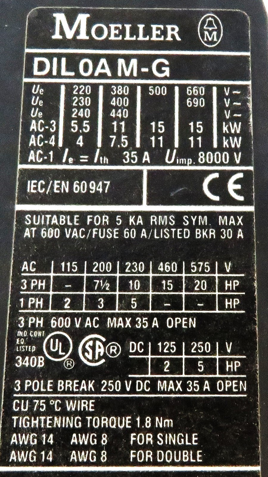 Eaton Moeller DIL EM-01-G 3P Contactor 24VDC Coil 9A XT Series DILEM01G24VDC3
