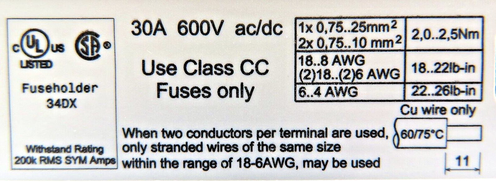 Siemens 3NW7523-0HG SITOR Class CC Fuse Holder (34DX) 30A 600V NH Size 2