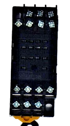 A black 14-pin relay socket with screw terminals, designed for DIN rail or surface mounting.