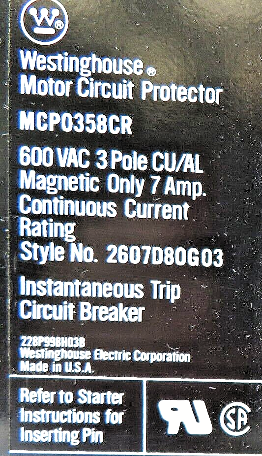 Westinghouse MCP0358CR 7A 600VAC 3-Pole (MCP) Motor Circuit Protector