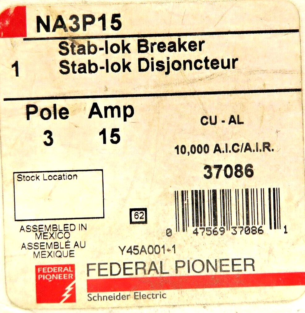 Schneider Electric Federal Pioneer NA3P15 Stab-lok 15A 240V 3-PL Circuit Breaker