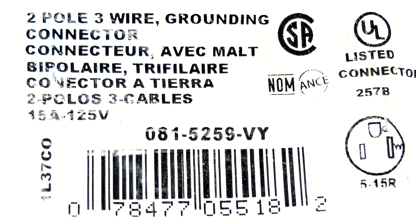 Leviton 5259-VY 15 Amp, 125 Volt, Connector, Straight Blade, Industrial Grade
