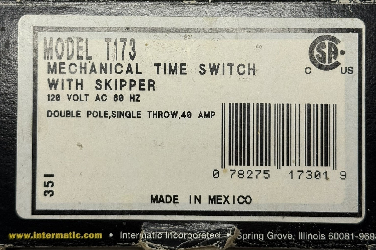 Intermatic T173 24 Hour Mechanical Time Switch DPST7
