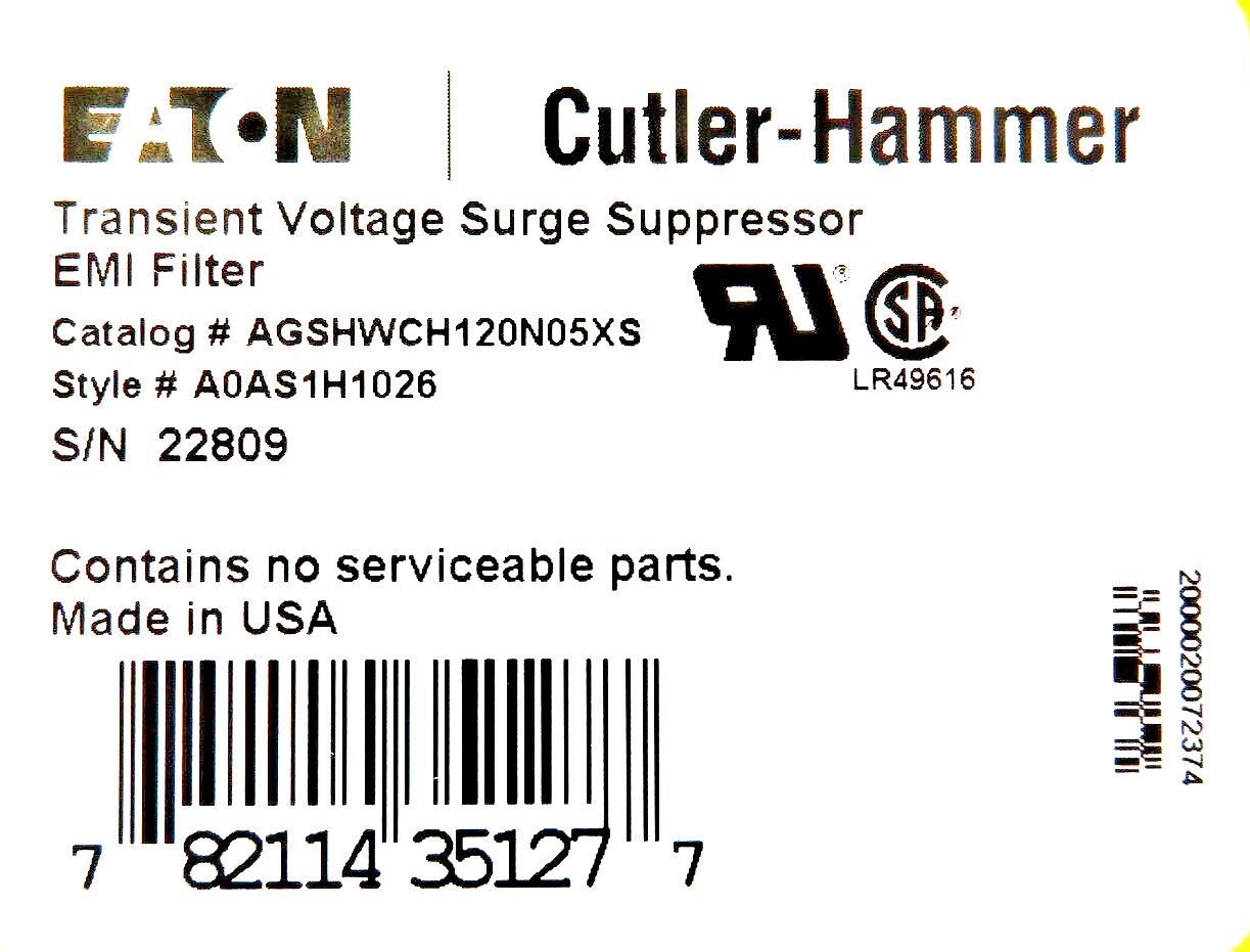 Eaton Cutler-Hammer AGSHWCH120N05XS Surge Suppressor EMI Filter 120V 5A DIN Rail