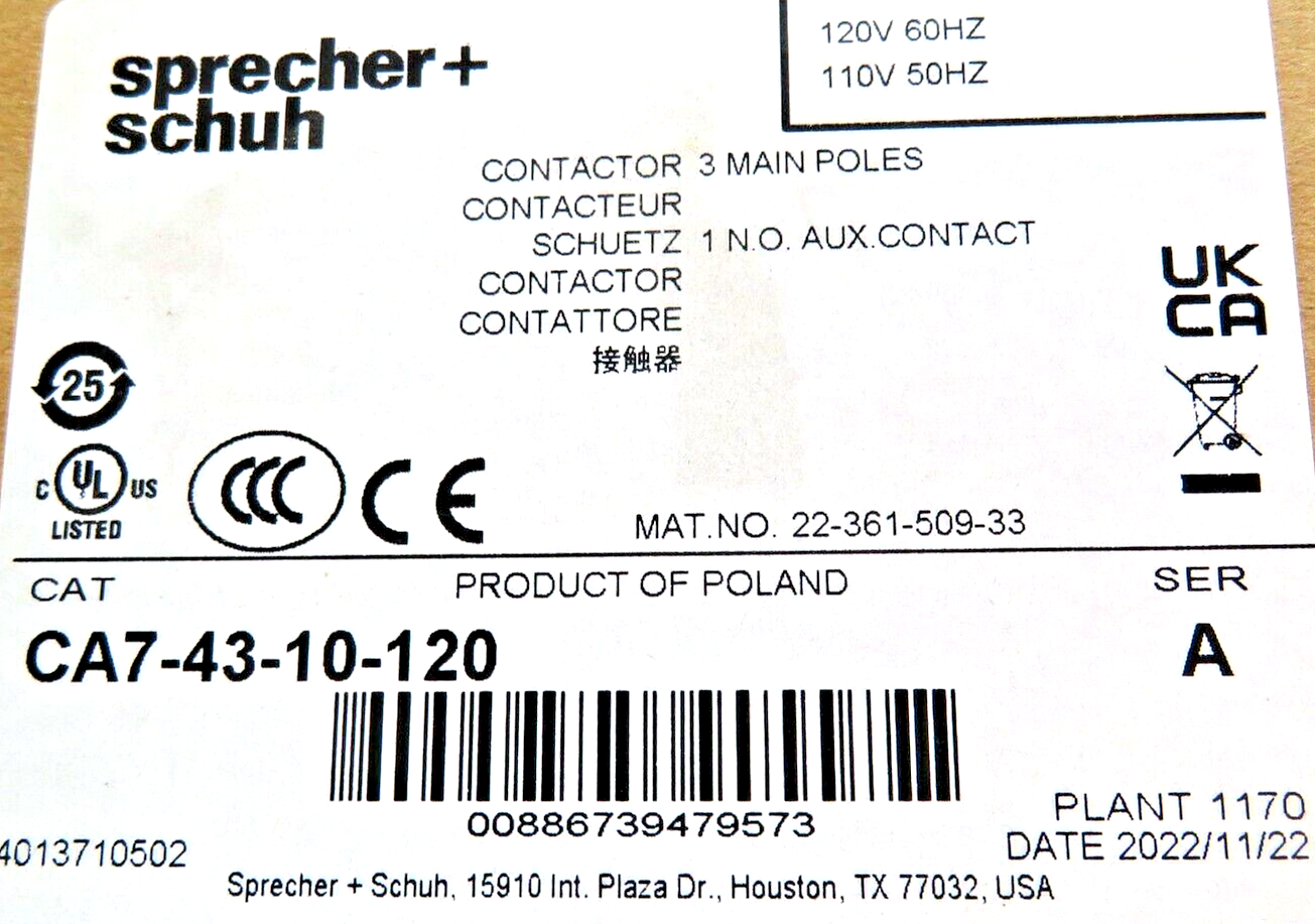 Sprecher + Schuh CA7-43-10-120 43A 3-Pole 120 VAC 60HZ 1NO IEC Contactor